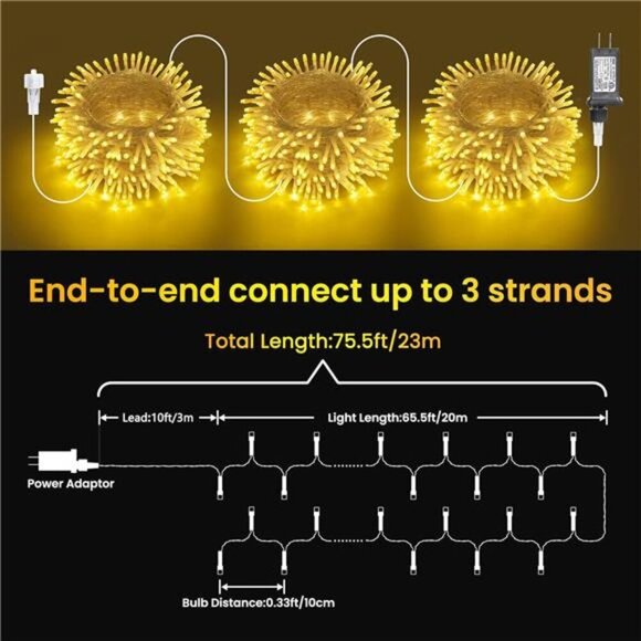 Christmas Lights Warm White, 75 Ft 200 LED Christmas String Lights Connectable - Picture 6 of 7